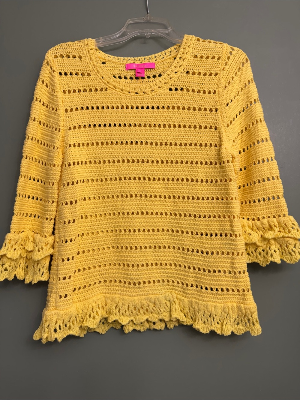 Lilly Pulitzer Bright Yellow Crochet Knit Top with Ruffle Details